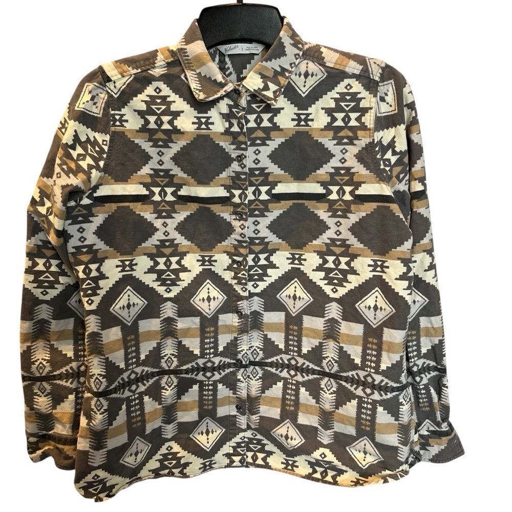 Woolrich Women's Flannel Button Down Shirt Gray/Tan/Cream Aztec Print Size Large